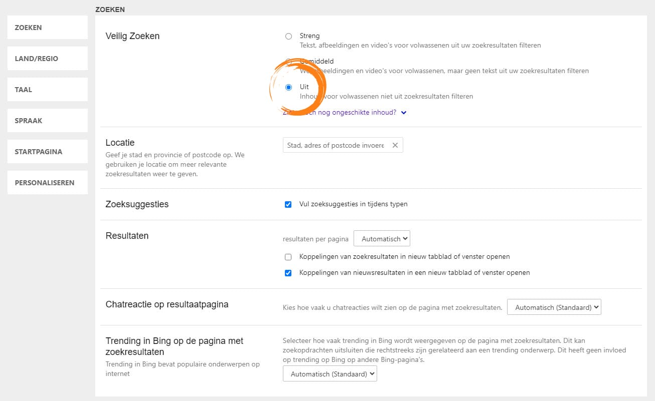 SafeSearch uitschakelen in Bing