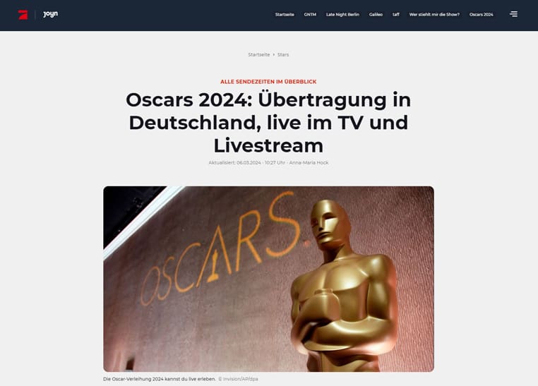 De Oscars live en gratis streaming op ProSieben in Duitsland