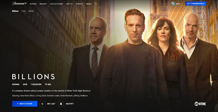 Billions streaming op de Paramount+ streamingplatform