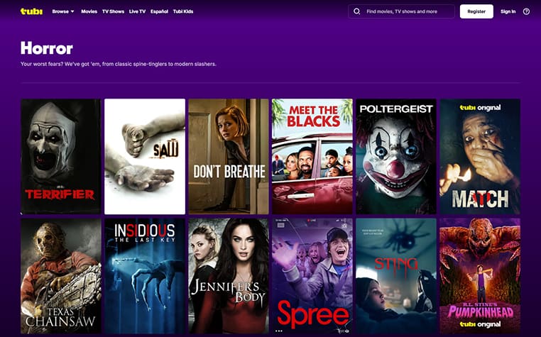 Tubi Horrorfilms op Tubi