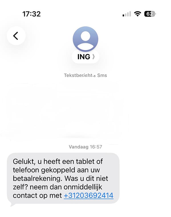 Phishing-sms-bericht van ING